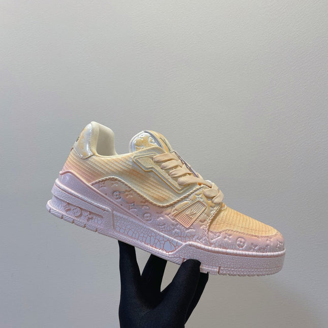 LV TRAINER MAXI SNEAKER IN LIGHT PINK OMBRE ORANGE EMBOSSED CALFSKIN