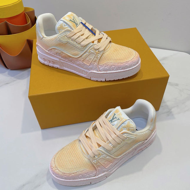 LV TRAINER MAXI SNEAKER IN LIGHT PINK OMBRE ORANGE EMBOSSED CALFSKIN