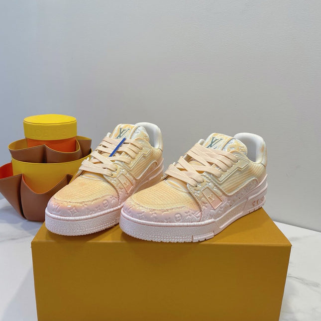 LV TRAINER MAXI SNEAKER IN LIGHT PINK OMBRE ORANGE EMBOSSED CALFSKIN