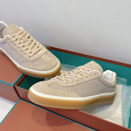 SNEAKERS IN LIGHT BEIGE SUEDE WITH CANVAS