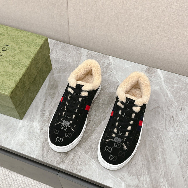 GG ACE SNEAKER WITH WEB IN BLACK EMBOSSED SUEDE AND WOOL LINING