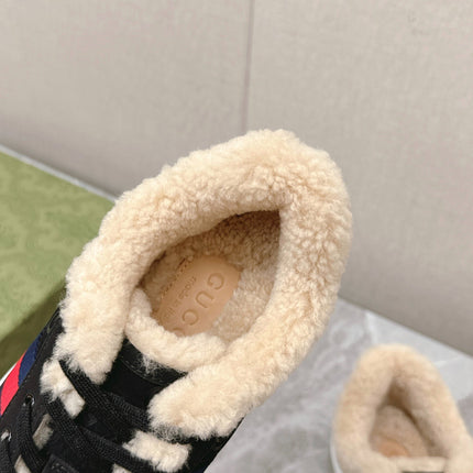 GG ACE SNEAKER WITH WEB IN BLACK EMBOSSED SUEDE AND WOOL LINING