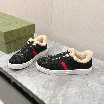 GG ACE SNEAKER WITH WEB IN BLACK EMBOSSED SUEDE AND WOOL LINING