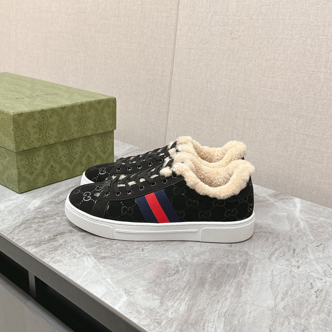 GG ACE SNEAKER WITH WEB IN BLACK EMBOSSED SUEDE AND WOOL LINING