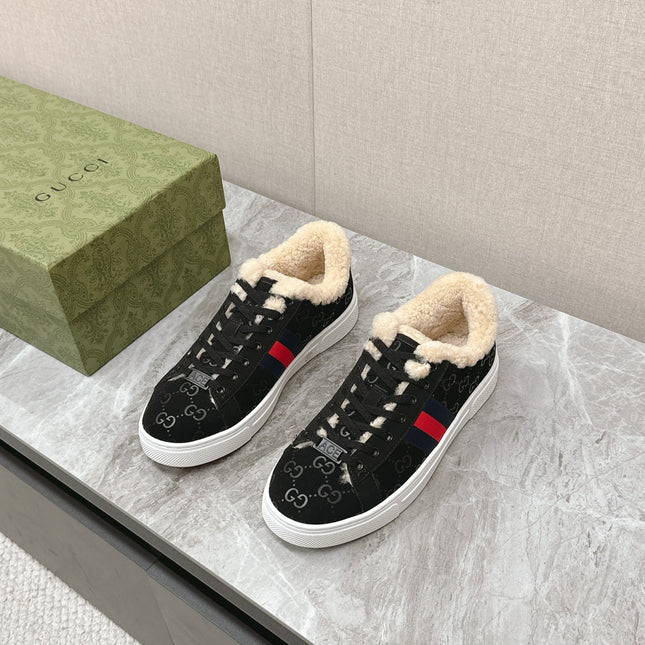GG ACE SNEAKER WITH WEB IN BLACK EMBOSSED SUEDE AND WOOL LINING