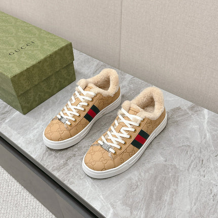 GG ACE SNEAKER WITH WEB IN BEIGE EMBOSSED SUEDE AND WOOL LINING