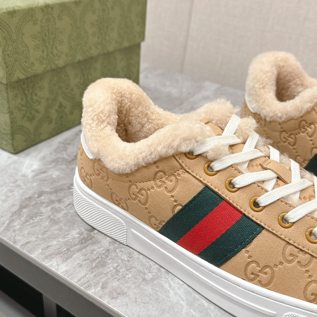 GG ACE SNEAKER WITH WEB IN BEIGE EMBOSSED SUEDE AND WOOL LINING