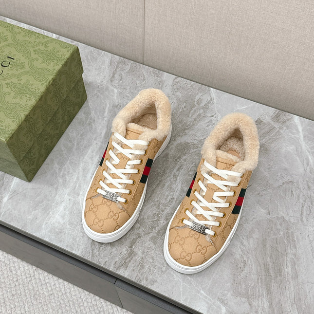 GG ACE SNEAKER WITH WEB IN BEIGE EMBOSSED SUEDE AND WOOL LINING