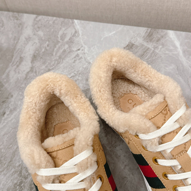 GG ACE SNEAKER WITH WEB IN BEIGE EMBOSSED SUEDE AND WOOL LINING
