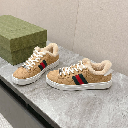 GG ACE SNEAKER WITH WEB IN BEIGE EMBOSSED SUEDE AND WOOL LINING