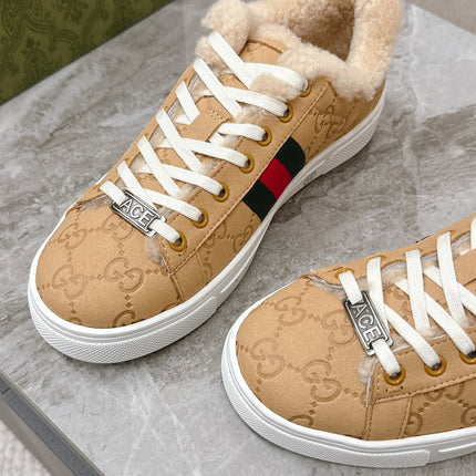 GG ACE SNEAKER WITH WEB IN BEIGE EMBOSSED SUEDE AND WOOL LINING