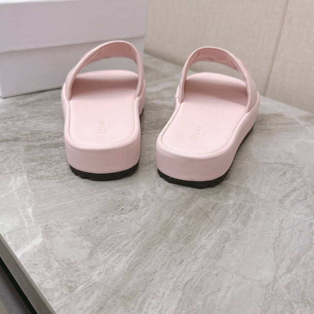 THICK-SOLED SLIDES IN LIGHT PINK SMOOTH LAMBSKIN LOGO WITH CRYSTALS