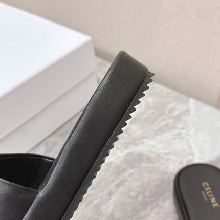 THICK-SOLED SLIDES IN BLACK SMOOTH LAMBSKIN LOGO WITH CRYSTALS