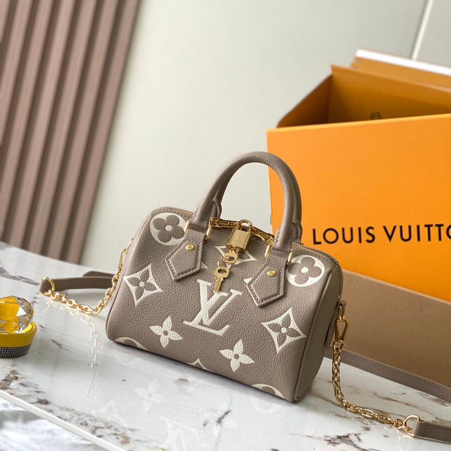 SPEEDY BANDOULIÈRE 20 IN TAUPE BROWN AND WHITE MONOGRAM EMPREINTE LEATHER