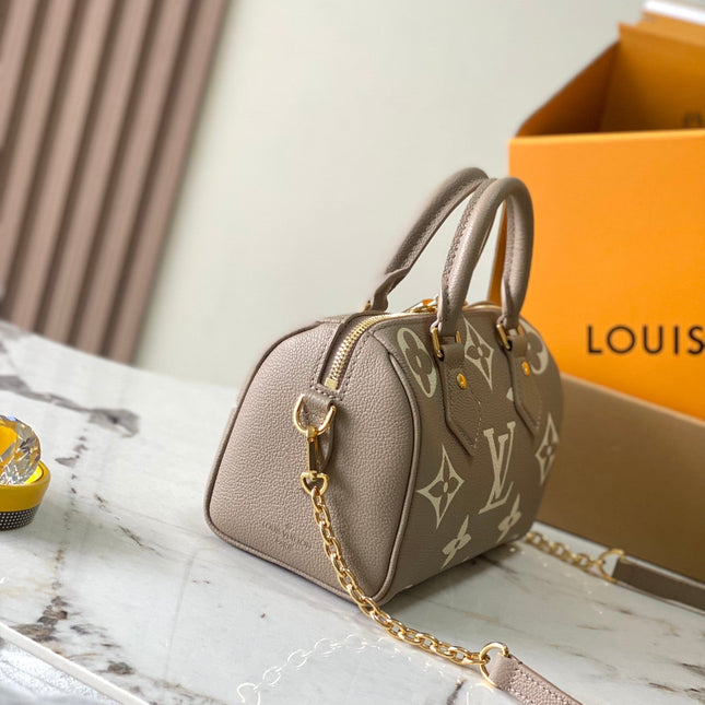 SPEEDY BANDOULIÈRE 20 IN TAUPE BROWN AND WHITE MONOGRAM EMPREINTE LEATHER