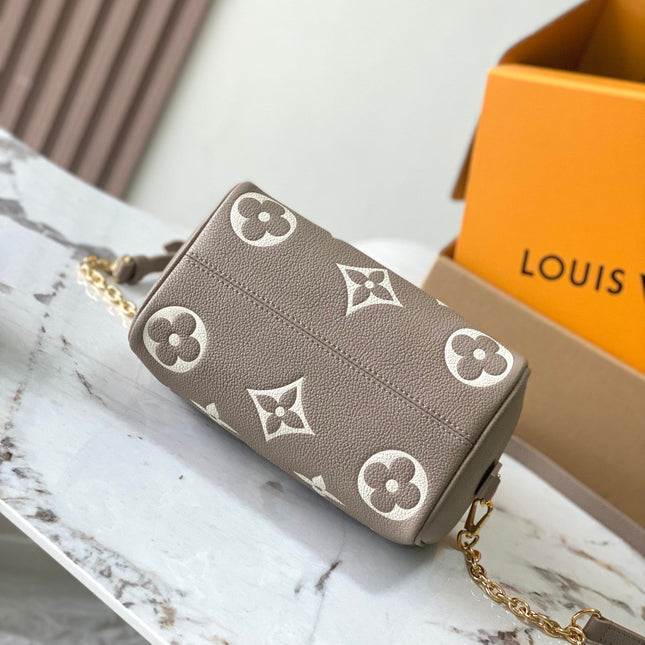 SPEEDY BANDOULIÈRE 20 IN TAUPE BROWN AND WHITE MONOGRAM EMPREINTE LEATHER