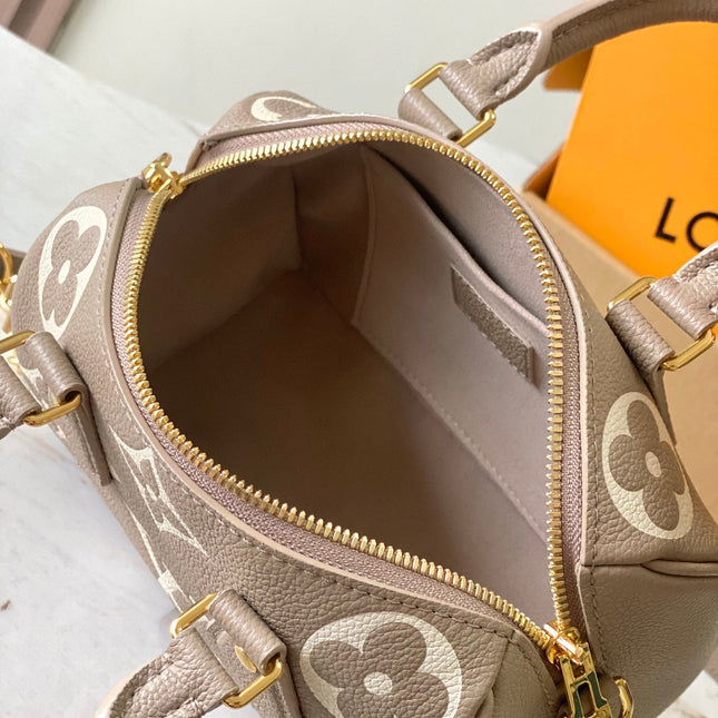 SPEEDY BANDOULIÈRE 20 IN TAUPE BROWN AND WHITE MONOGRAM EMPREINTE LEATHER
