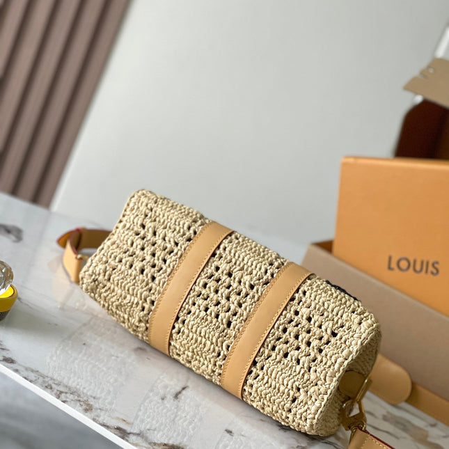 KEEPALL BANDOULIÈRE 25 IN BEIGE CROCHETED RAFFIA AND CALFSKIN TRIM