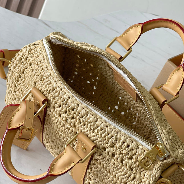 KEEPALL BANDOULIÈRE 25 IN BEIGE CROCHETED RAFFIA AND CALFSKIN TRIM