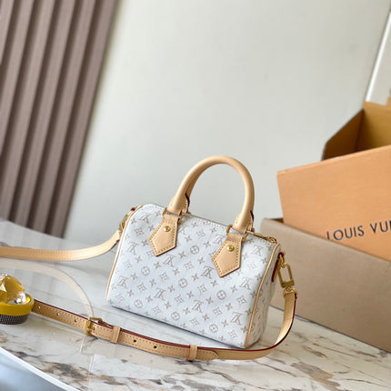 SPEEDY BANDOULIÈRE 20 IN WHITE MONOGRAM JACQUARD AND BEIGE CALFSKIN TRIM