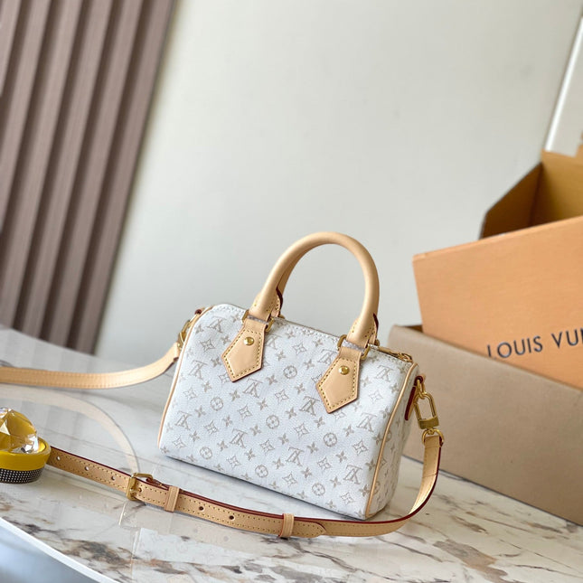 SPEEDY BANDOULIÈRE 20 IN WHITE MONOGRAM JACQUARD AND BEIGE CALFSKIN TRIM