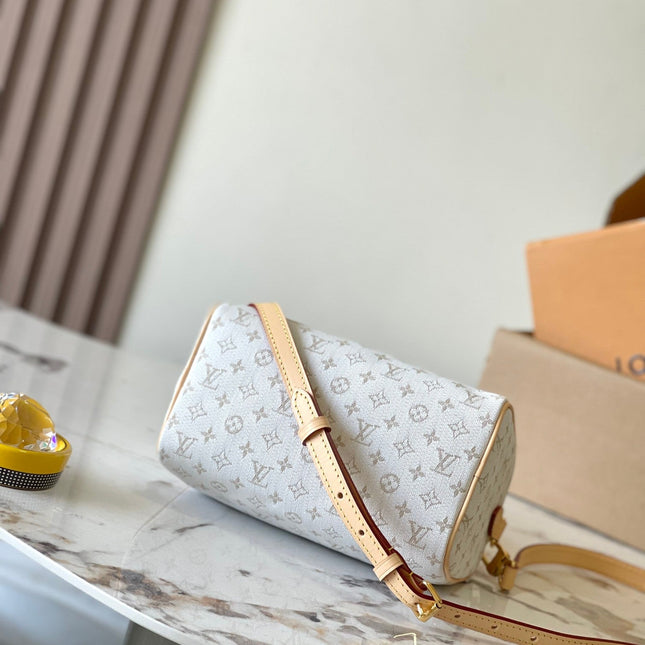 SPEEDY BANDOULIÈRE 20 IN WHITE MONOGRAM JACQUARD AND BEIGE CALFSKIN TRIM