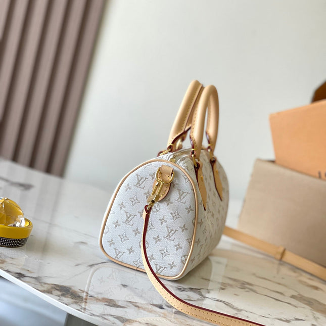 SPEEDY BANDOULIÈRE 20 IN WHITE MONOGRAM JACQUARD AND BEIGE CALFSKIN TRIM