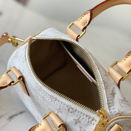 SPEEDY BANDOULIÈRE 20 IN WHITE MONOGRAM JACQUARD AND BEIGE CALFSKIN TRIM