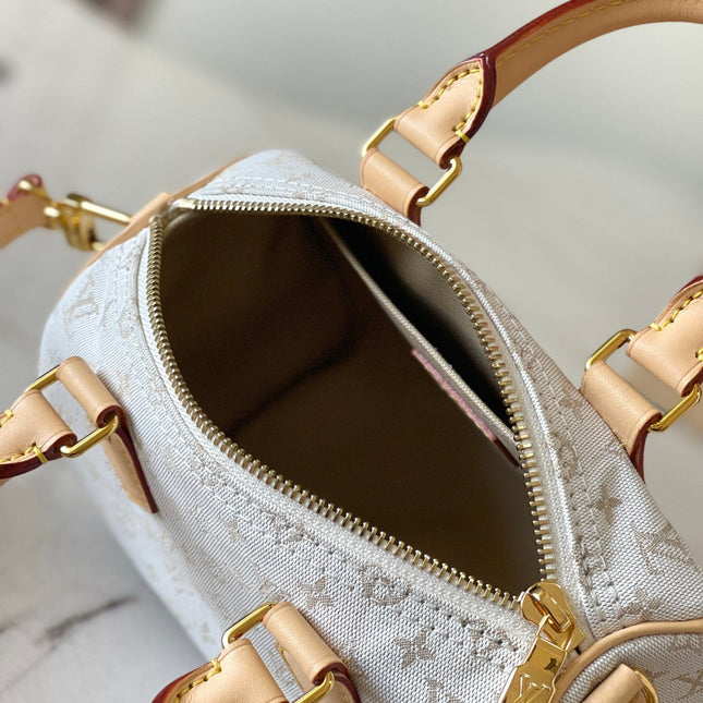SPEEDY BANDOULIÈRE 20 IN WHITE MONOGRAM JACQUARD AND BEIGE CALFSKIN TRIM