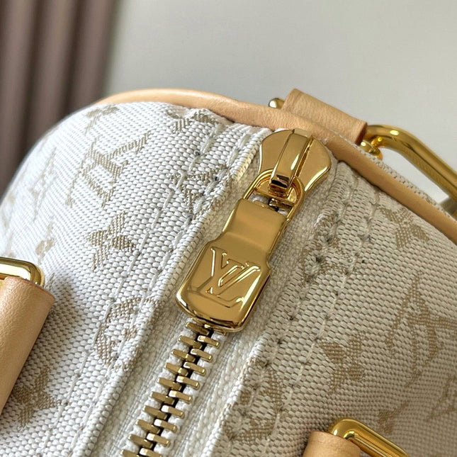 SPEEDY BANDOULIÈRE 20 IN WHITE MONOGRAM JACQUARD AND BEIGE CALFSKIN TRIM