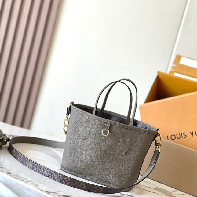 NEVERFULL BANDOULIÈRE INSIDE OUT BB 24 IN BROWN MONOGRAM CANVAS AND GRAY CALFSKIN
