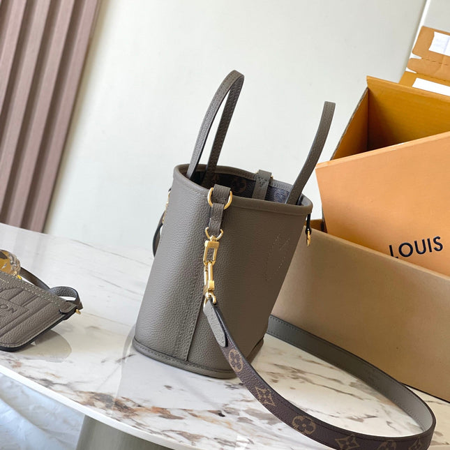 NEVERFULL BANDOULIÈRE INSIDE OUT BB 24 IN BROWN MONOGRAM CANVAS AND GRAY CALFSKIN