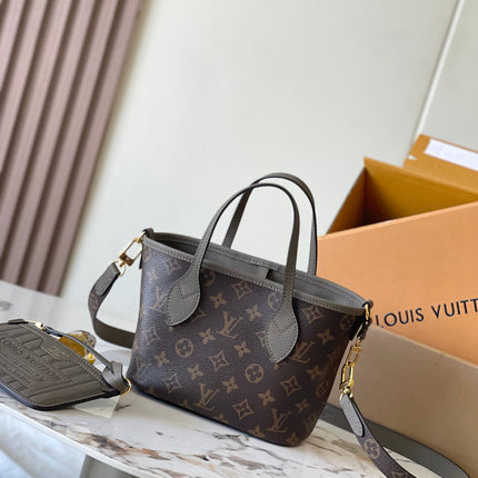 NEVERFULL BANDOULIÈRE INSIDE OUT BB 24 IN BROWN MONOGRAM CANVAS AND GRAY CALFSKIN