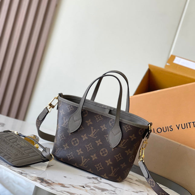NEVERFULL BANDOULIÈRE INSIDE OUT BB 24 IN BROWN MONOGRAM CANVAS AND GRAY CALFSKIN