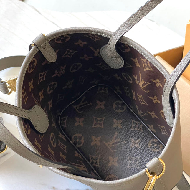NEVERFULL BANDOULIÈRE INSIDE OUT BB 24 IN BROWN MONOGRAM CANVAS AND GRAY CALFSKIN