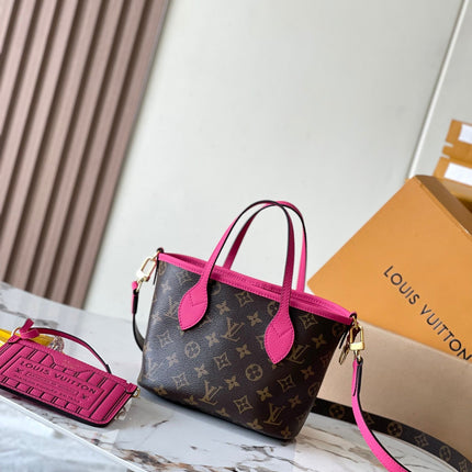 NEVERFULL BANDOULIÈRE INSIDE OUT BB 24 IN BROWN MONOGRAM CANVAS AND PINK CALFSKIN