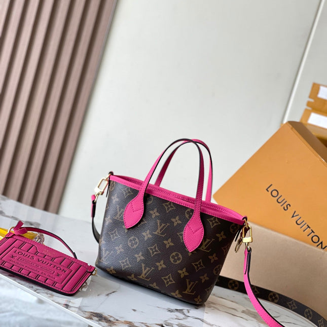 NEVERFULL BANDOULIÈRE INSIDE OUT BB 24 IN BROWN MONOGRAM CANVAS AND PINK CALFSKIN