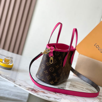 NEVERFULL BANDOULIÈRE INSIDE OUT BB 24 IN BROWN MONOGRAM CANVAS AND PINK CALFSKIN