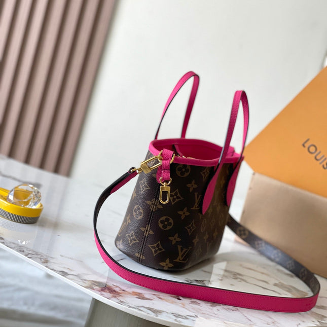 NEVERFULL BANDOULIÈRE INSIDE OUT BB 24 IN BROWN MONOGRAM CANVAS AND PINK CALFSKIN
