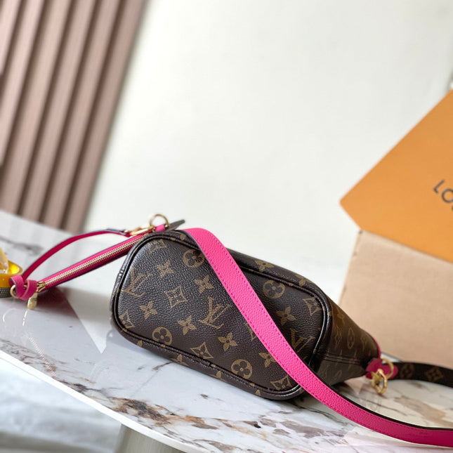 NEVERFULL BANDOULIÈRE INSIDE OUT BB 24 IN BROWN MONOGRAM CANVAS AND PINK CALFSKIN