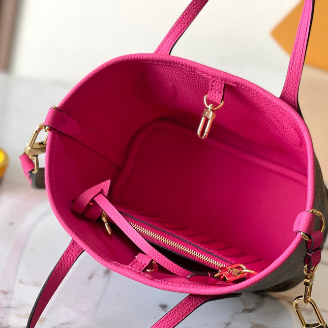 NEVERFULL BANDOULIÈRE INSIDE OUT BB 24 IN BROWN MONOGRAM CANVAS AND PINK CALFSKIN