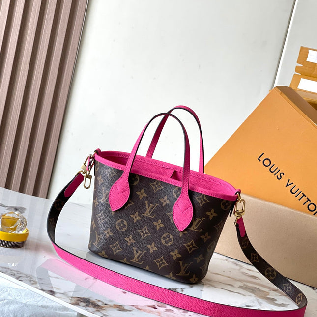 NEVERFULL BANDOULIÈRE INSIDE OUT BB 24 IN BROWN MONOGRAM CANVAS AND PINK CALFSKIN