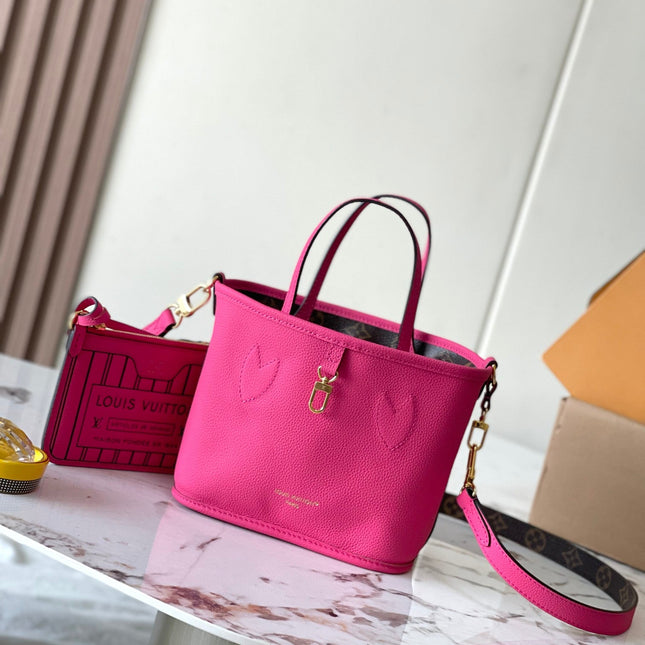 NEVERFULL BANDOULIÈRE INSIDE OUT BB 24 IN BROWN MONOGRAM CANVAS AND PINK CALFSKIN