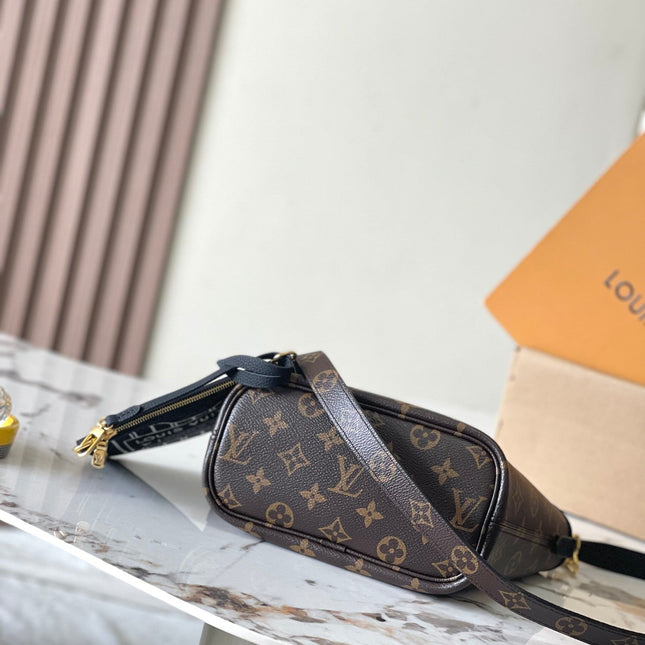 NEVERFULL BANDOULIÈRE INSIDE OUT BB 24 IN BROWN MONOGRAM CANVAS AND BLACK CALFSKIN
