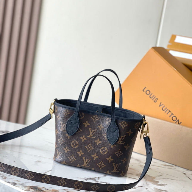 NEVERFULL BANDOULIÈRE INSIDE OUT BB 24 IN BROWN MONOGRAM CANVAS AND BLACK CALFSKIN