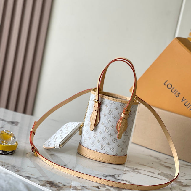 NANO BUCKET 17 IN WHITE MONOGRAM JACQUARD AND BEIGE CALFSKIN TRIM