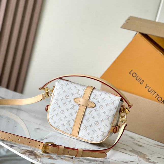 SAUMUR BB 20 WHITE MONOGRAM MINI JACQUARD AND LEATHER TRIM GOLD HARDWARE