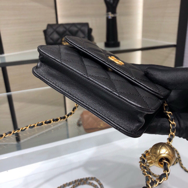 MINI FLAP BAG 12 IN BLACK QUILTED LAMBSKIN GOLD HARDWARE