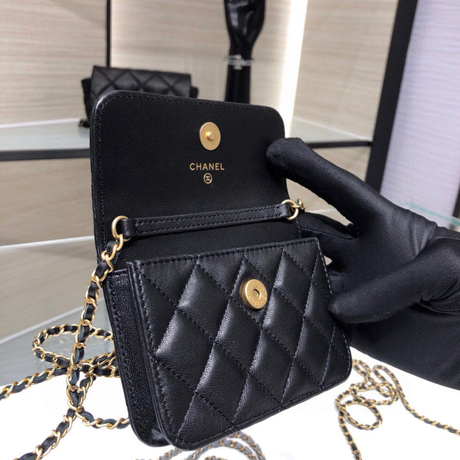 MINI FLAP BAG 12 IN BLACK QUILTED LAMBSKIN GOLD HARDWARE