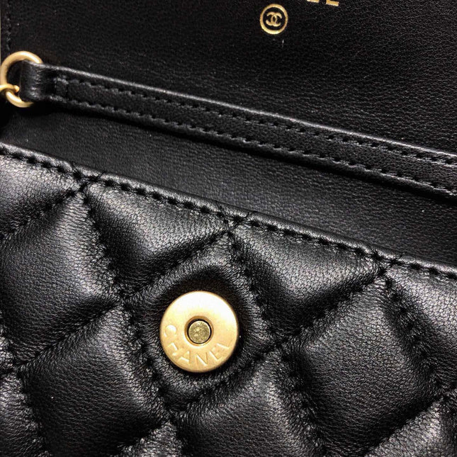 MINI FLAP BAG 12 IN BLACK QUILTED LAMBSKIN GOLD HARDWARE